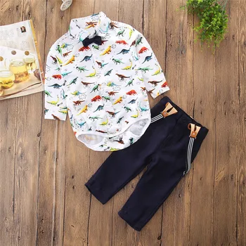 

Boys Clothes Set Boy Three-piece Long-sleeved Dinosaur Robe Shirt Top with Overalls Long Pants Trousers Children Clothing