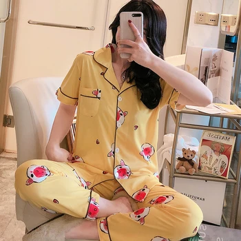 

2020 Summer Short Sleeved Women Pajamas Set Long Pant Pyjamas Sets Cotton Leisure Sleepwear New Sale Women Lovely Wear Leisure