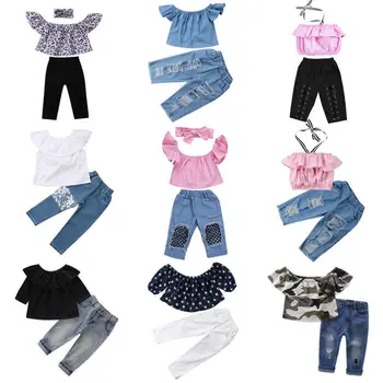 

3Pcs Toddler Kids Girls Clothing Set Off Shoulder Tops + Fake Net socks Denim Pants Jeans Outfits Set Clothes