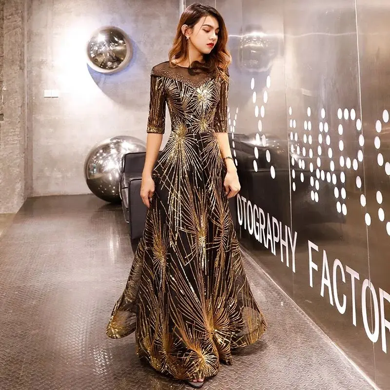 

Robe De Soiree Evening Dress 2020 Gold Sequined Crystal O-Neck Black Floor-length Dinner Gowns LF405