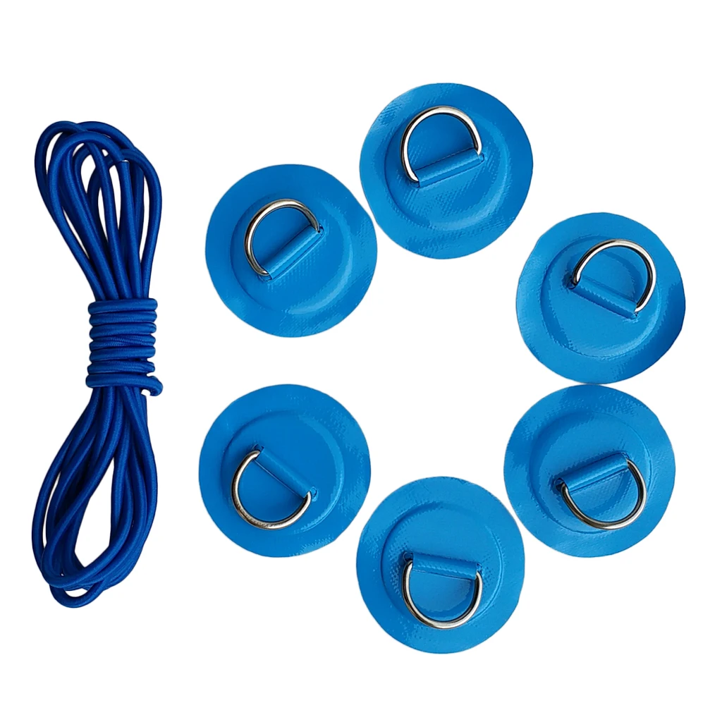 6Pcs Inflatable Boat Kayak SUP D-ring Patch & Elastic Shock Cord Set- 6 Colors Dinghy D Ring Round Patch