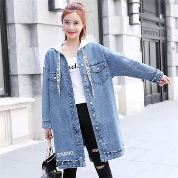 

2020 Spring Autumn Plus size Hooded Letters Print Long Jeans Coats Women Windbreaker casual Denim Jacket student Basic Outerwear