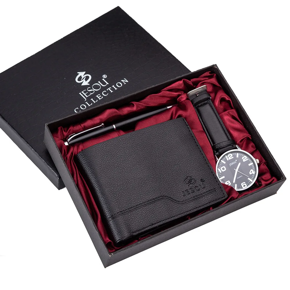 

Red Packed Watch +Pen+Wallet Simple Set -3pes/set Waterproof Wristwatch Men's Gift Set Beautifully Black