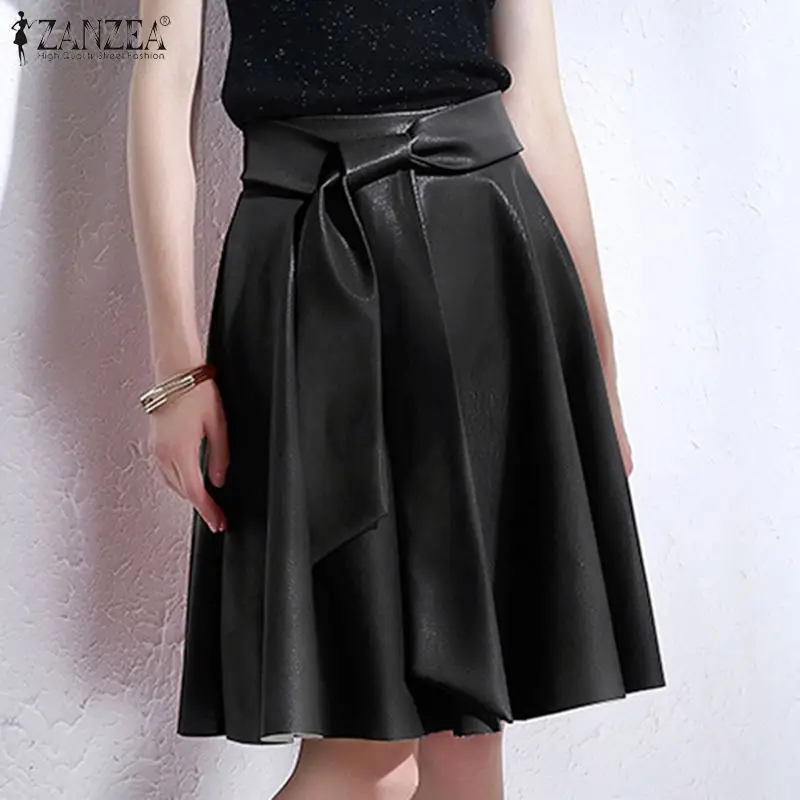 

2020 ZANZEA Autumn PU Leather Skirts Women High Waist Bow Tie Skirts Faldas Saia Solid Party Skirt Jupe Female A-line Skirts