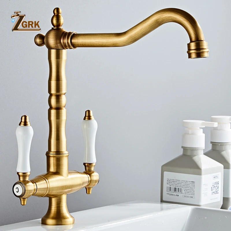 Brass Faucet Kitchen Cold and Hot Water Deck Mounted Basin Retro Dual Handle Single Hole Rotatable Tap | Обустройство дома
