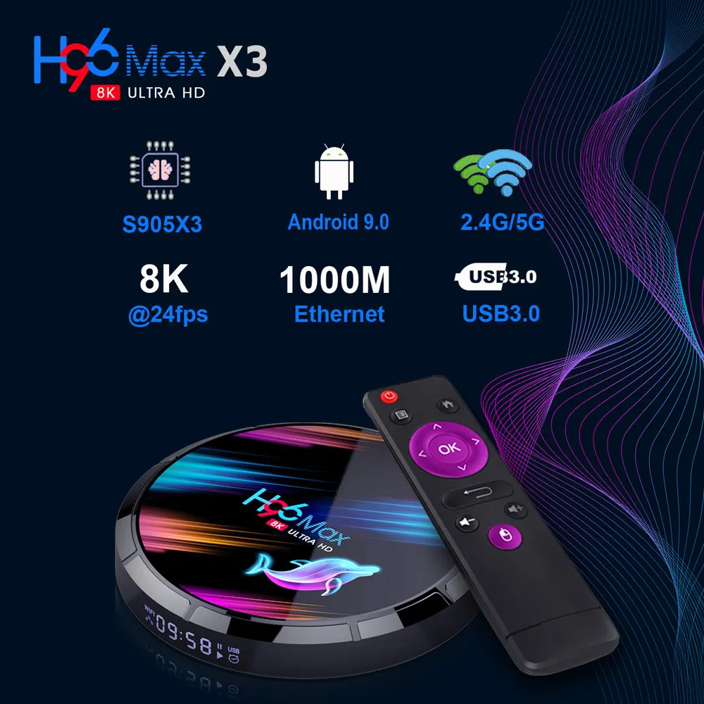 

H96 Max X3 8K Smart TV Box Android 9.0 Amlogic S905X3 4GB 32/64/128GB 5G WIFI bluetooth4.0 1000M LAN 4K 8K VP9 H.265 Set Top Box