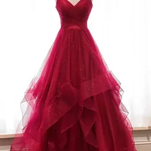 Винно-красное блестящее Тюлевое платье для выпускного вечера с v-образным вырезом, длинное платье в пол с открытой спиной, блестящие вечерние платья А-силуэта STS14