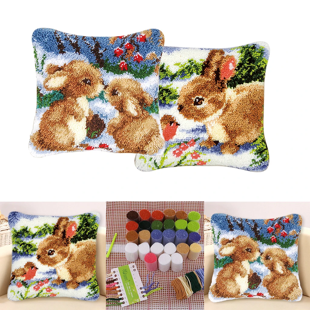 2 Set 43x43cm Cute Rabbits Latch Hook Kits Pillow Making Crafts for Kids Adults Craft