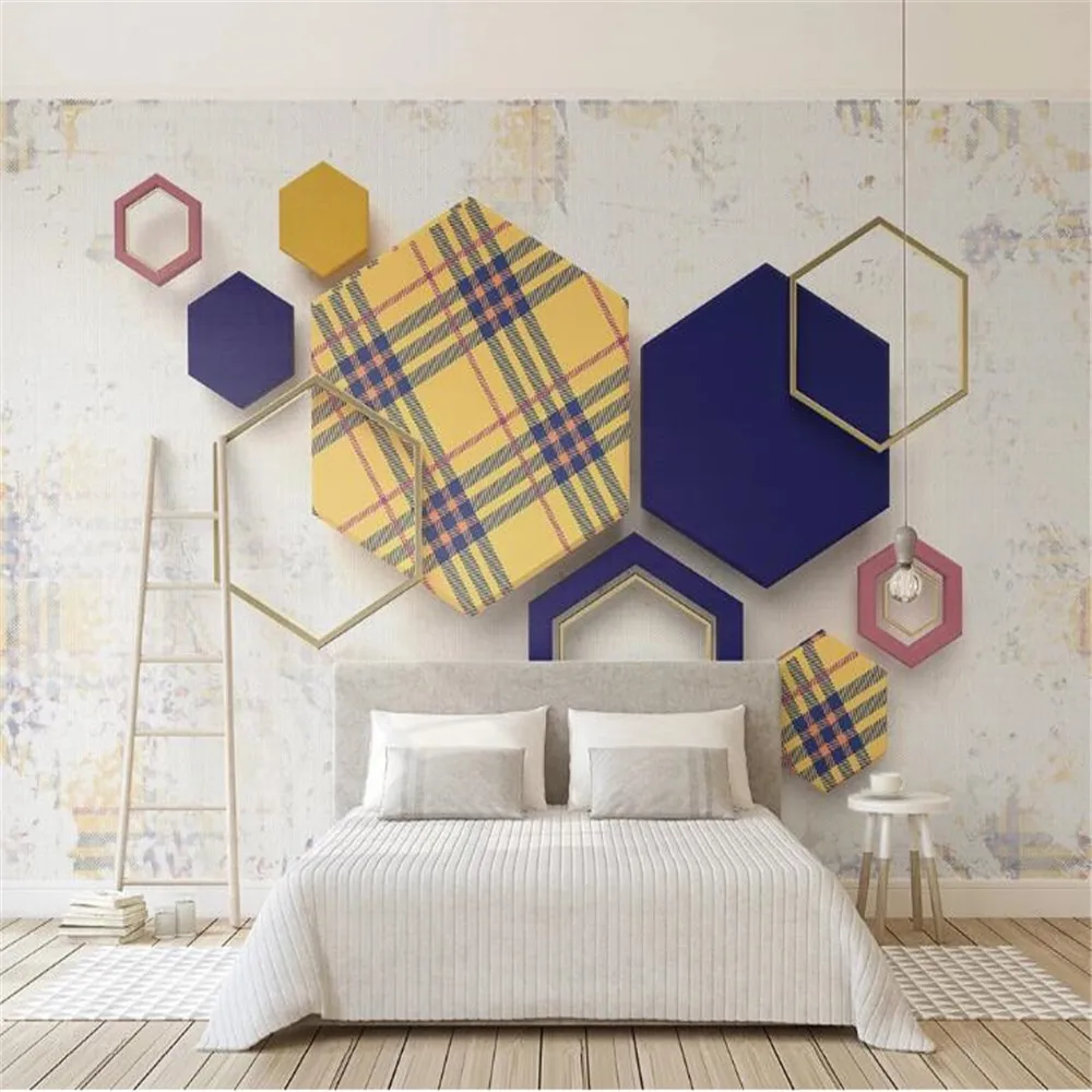 

Mlofi custom wallpaper mural retro geometric hexagon grid stitching 3d three-dimensional cloth pattern background wall