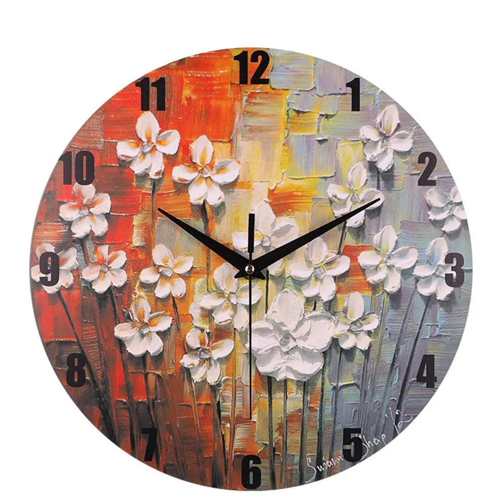 Новые 3D печатные часы круглые бескаркасные термопереводные Цветочные настенные часы украшение для дома масляная живопись УФ печать часы