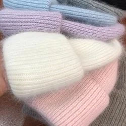 2021 Simple Rabbit Fur Winter Hats For Women Winter Skullies Warm Wool Cap Gorros Female Cap For Girl hat Knitted Caps