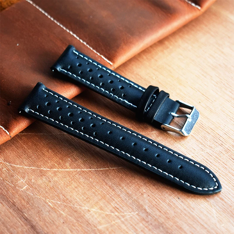 Handcrafted Genuine Leather Brown Porous Breathable Watchstrap with Detailed Stitching