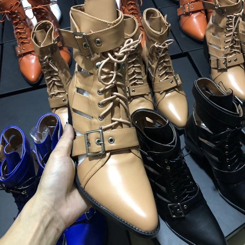 Женская дизайнерская обувь с перфорацией; сапоги для верховой езды на толстом каблуке с острым носком; ботильоны из высококачественной натуральной кожи на шнуровке с пряжкой и ремешком - Цвет: apricot