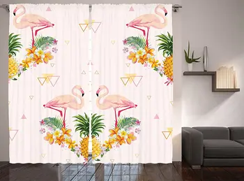 

Flamingo Curtains Geometrical Pineapples and Flamingos Tropical Summer Fruit Pool Party Living Room Bedroom Window Drapes Pink