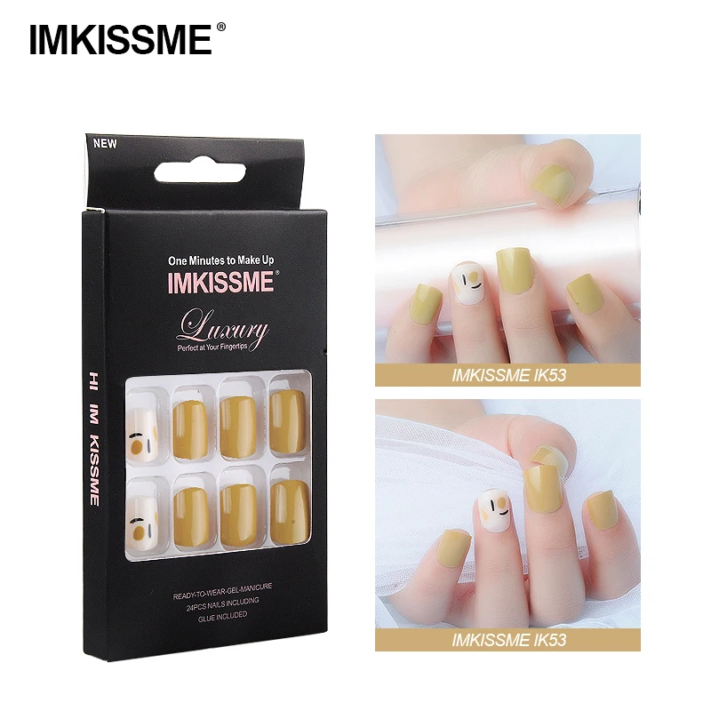 

IMKISSME Yellow Fake Nails Art Tip Press on Nails with Glue Designs Full Artificial Cover IK53