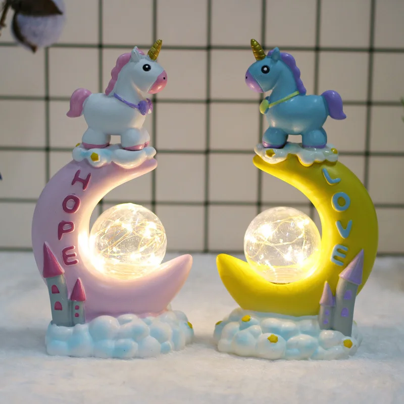 Смола единорог светодиодный лампы мультфильм лошадь прикроватная ночник детская игрушка животных Украшения в спальню лунное освещение