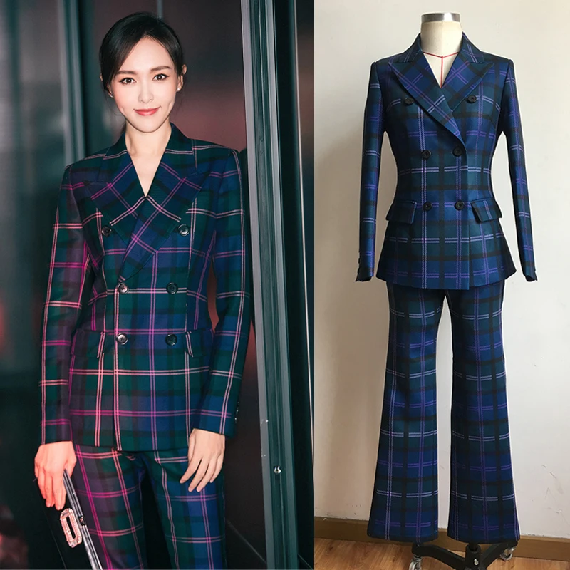 

New catwalk star of big shop sign with grid printing temperament of cultivate morality suit pants suit