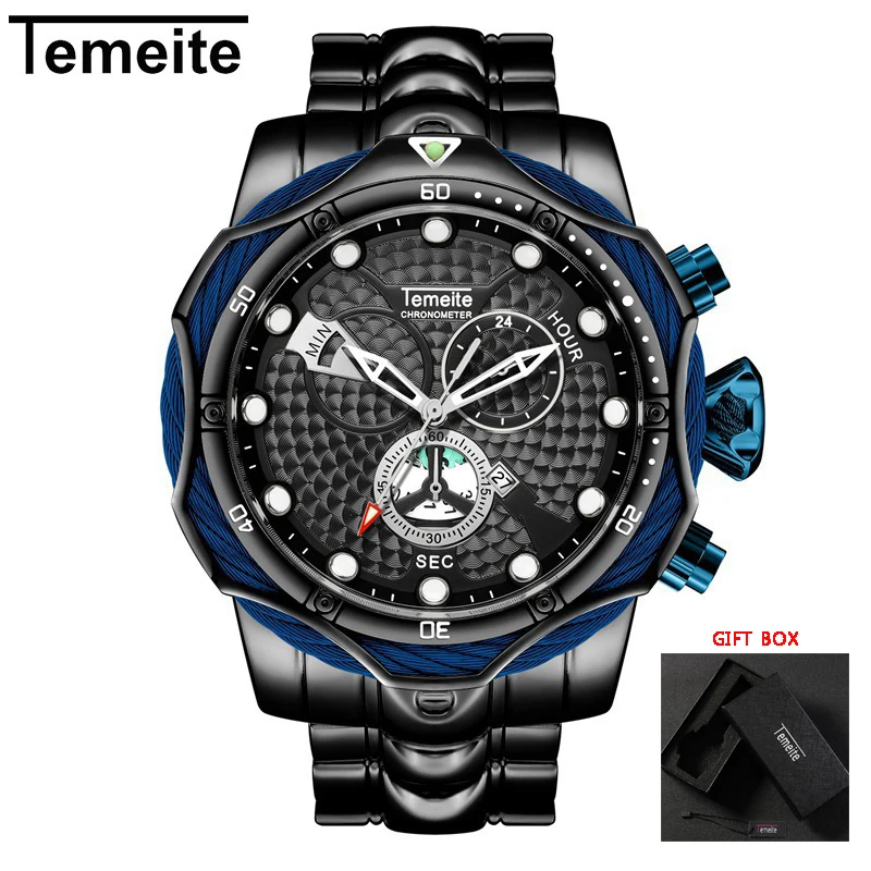 Temeite Роскошные брендовые Дизайнерские мужские часы золотые водонепроницаемые кварцевые часы для мужчин спортивные наручные часы Relogio Dourado Masculino - Цвет: full black