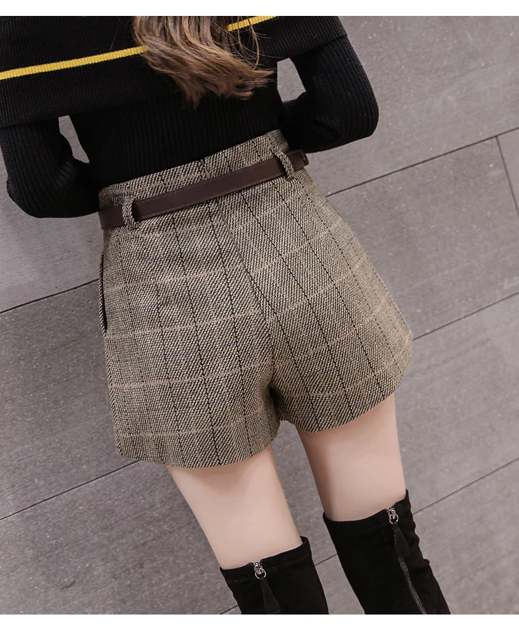 Осенние зимние шерстяные шорты женские Корейская Высокая талия клетчатые широкие шорты женские офисные женские свободные плотные шорты с поясом