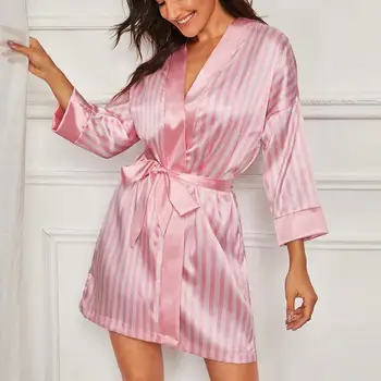

New women Plus Size Sexy Lingerie Silk Stripe Robe Satin Bathrobe Winter Loose Soft Sleepwear Comfortable Seamless Pajamas 40**