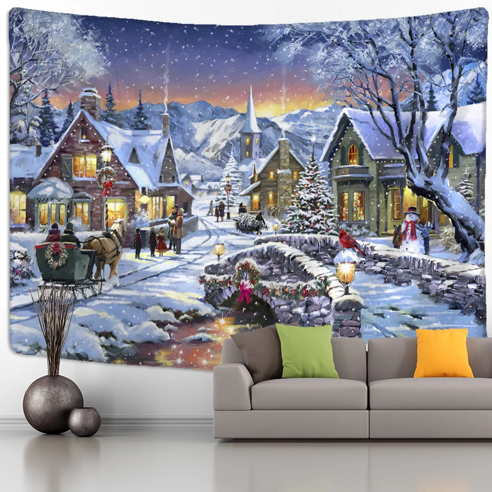 Christmas Tree Snowman Tapestry Wall Hanging Natural Snow Scene Cartoon Oil Painting Aesthetics Room Hippie Home Decor tapestry decorations,canvas wall art,oil painting wall art