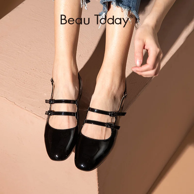 Туфли BeauToday женские из лакированной кожи Мэри Джейн на плоской подошве с ремешком