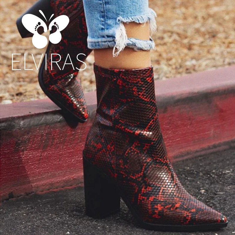 

ELVIRAS Women's Boots Fashion Women's Square Heel Snake Zipper Thick High Heel Pointed Shoes Boots Casual Shoes