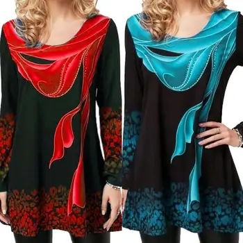 

Plus Size Women Casual Floral Print Color Block Long Sleeve O Neck Slim Blouse Top Warm Outdoor Windproof Streetwear Gift