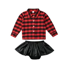 Рождественские топы в клетку для маленьких девочек, клетчатая рубашка+ юбка из искусственной кожи платье-пачка комплект одежды из 2 предметов, новая модная осенняя одежда