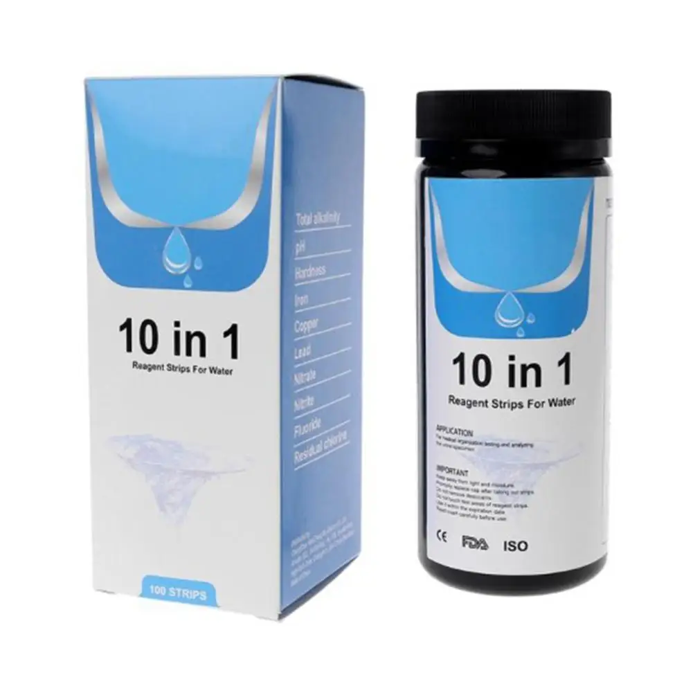 

100 Pcs Upgraded Water Test Strip Reagent Strip 10 In 1 Water Analysis Total Alkalinity PH Hardness Nitrate Fluoride Test Paper