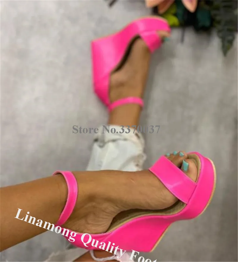 

Linamong New Fashion Summer Open Toe High Platform Wedge Sandals Green Pink Ankle Strap Buckle Wedges Height Increased Heels