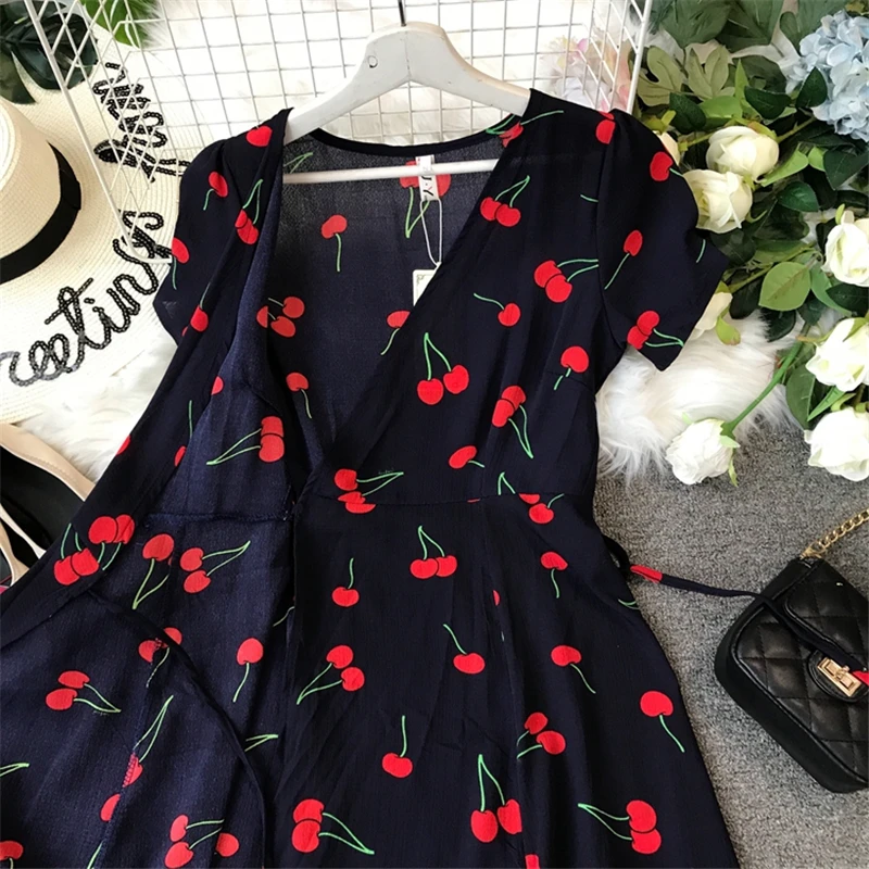 Women girl summer break skirt a chip in the cherry long wrap dress cultivate morality floral chiffon dress Women girl summer break skirt a chip in the cherry long wrap dress cultivate morality floral chiffon dress