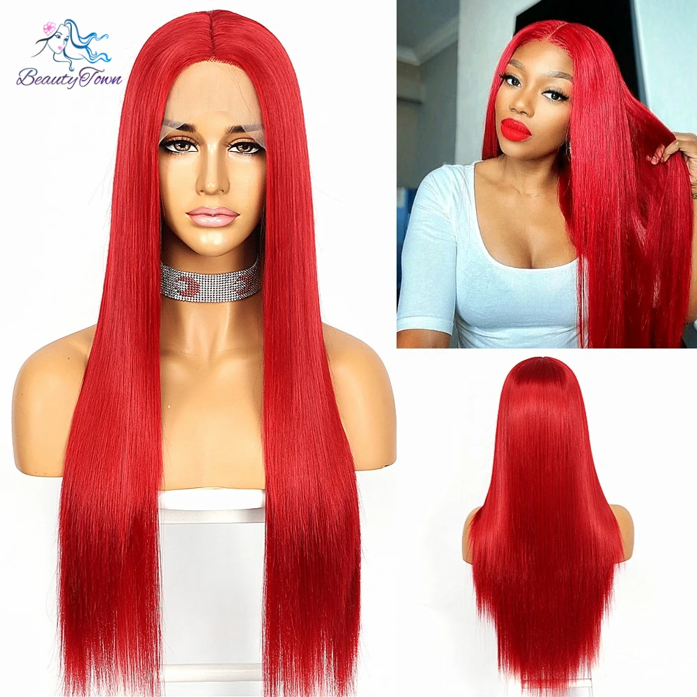

BeautyTown Long Red Synthetic Lace Wig 5'' Deep T Women Daily Makeup Cosplay Party Wedding Heat Resistant Synthetic Wig Hair