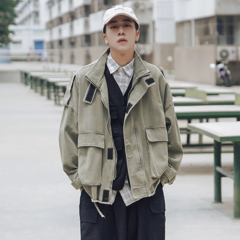 

Workwear Jacket Men Fashion Wash Solid Color Casual Large Pocket Stand Collar Jacket Street Wild Hip Hop Loose Bomber Jacket