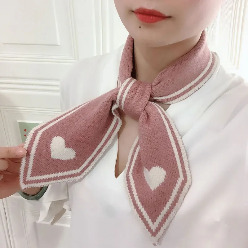 

Hot Spring Knit Wool Woman Scarf Loving Heart Pure Color Neckerchief Bufanda Mujer Hair Scarf 95-9.5cm Lady Scarves Headdress