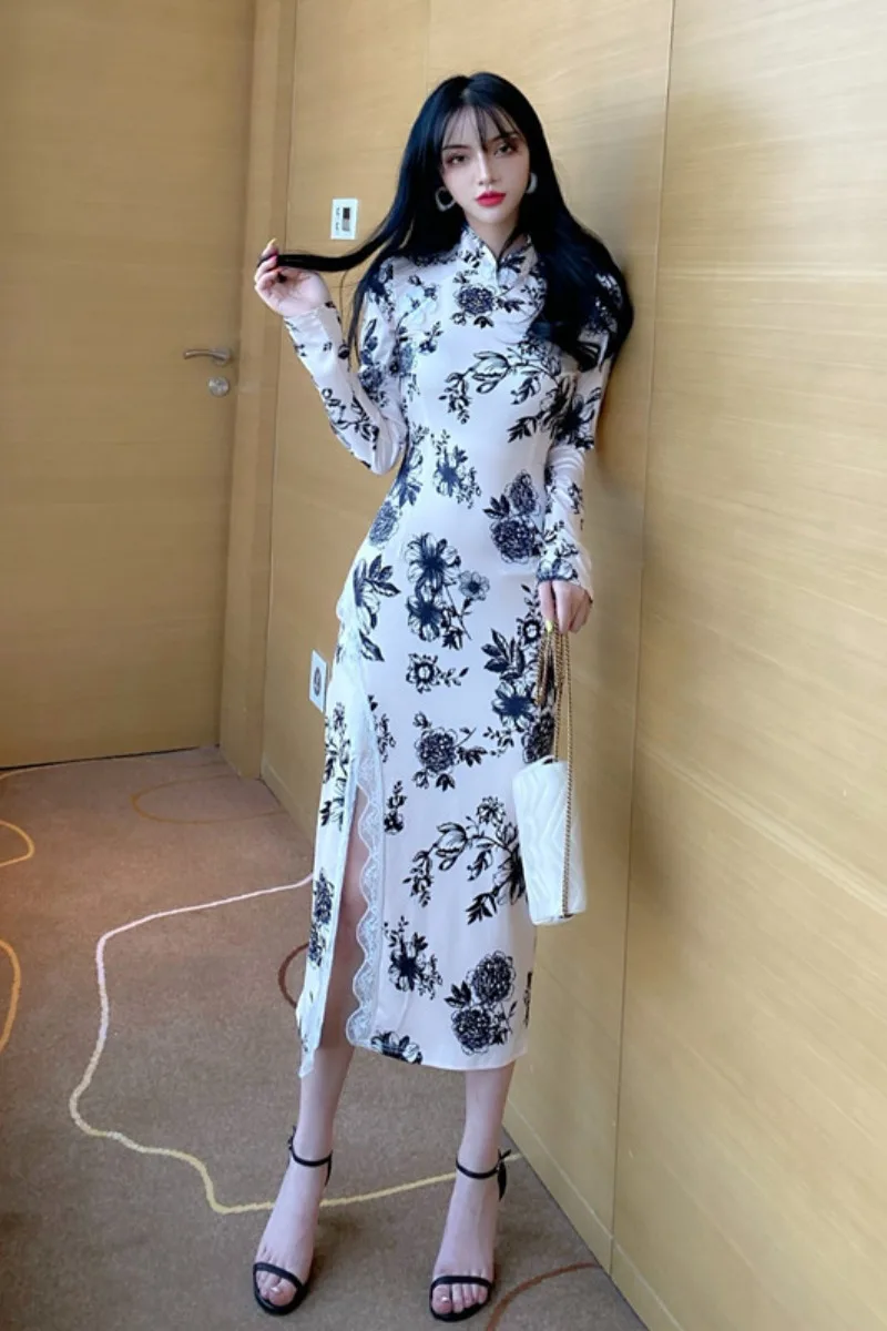 Китайское платье в винтажном китайском стиле cheongsam женское атласное qipao с цветочным принтом сексуальное вечернее платье mujer женские платья