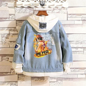 

Anime One Piece denim bomber jacket ONE PIECE D Luffy Hooded Jeans Sweatshirt Unisex Ripped hole cosplay hoodie costume