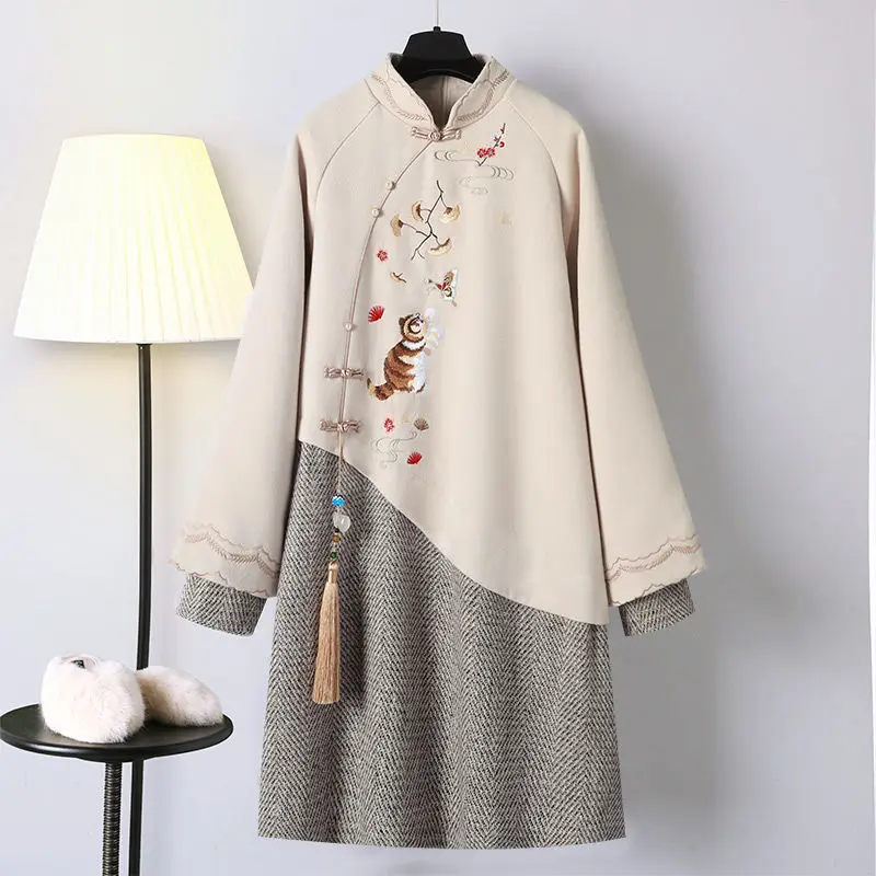 2022 Long Sweatshirt Chinese Dress Spring and Autumn Women's Loose Embroidered Cheongsam Casual Tang Suit New Hooded Sweater | Женская
