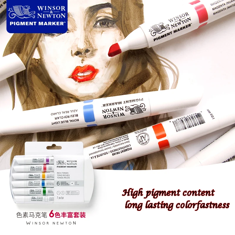 Winsor& Newton высококачественный пигментный Маркер 6 цветов Набор для профессионального графического художника одежды дизайн художника поставки