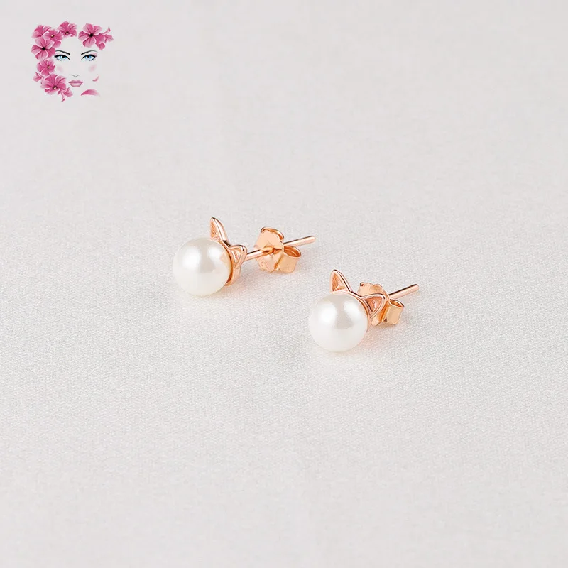 

S925 Silver Ear Stud Women's MORI Series Sweet Shell Pearls Synthesis Pearl Cute Cat Ear Stud Cat Ear Stud Ear Rings