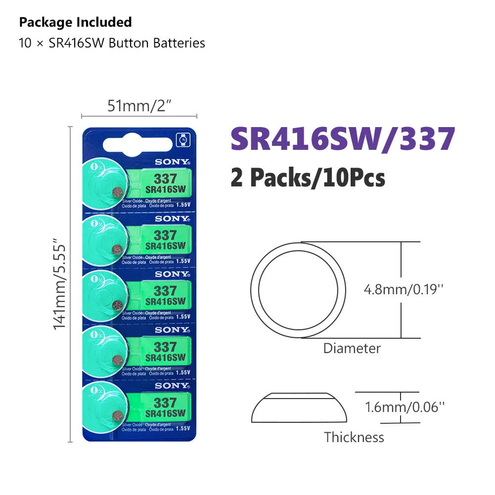 10 шт./лот, Оригинальная батарея для часов sony 1,55 V 337 SR416SW, оксид серебра LR416 337 SR416SW, Кнопочная монетница, сделано в Японии, 0% Hg