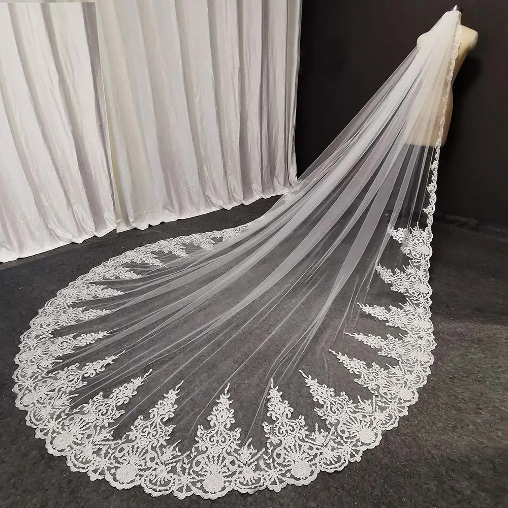 Lace Veil Real Photos Long Lace Bridal Veil Comb 3.5 Meters 1 Layer Cathedral Wedding Veil Wedding Accessories