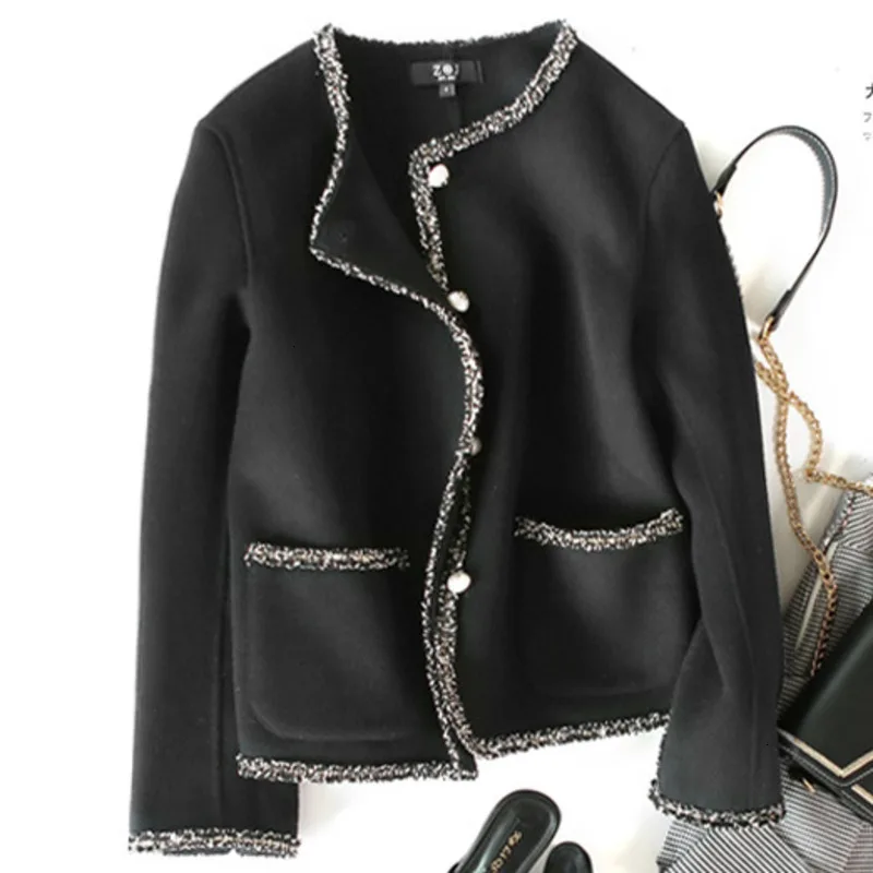 

2019 Autumn And Winter New Fashion Black Classic Temperament Single-breasted Double-faced Woolen Coat Female D349