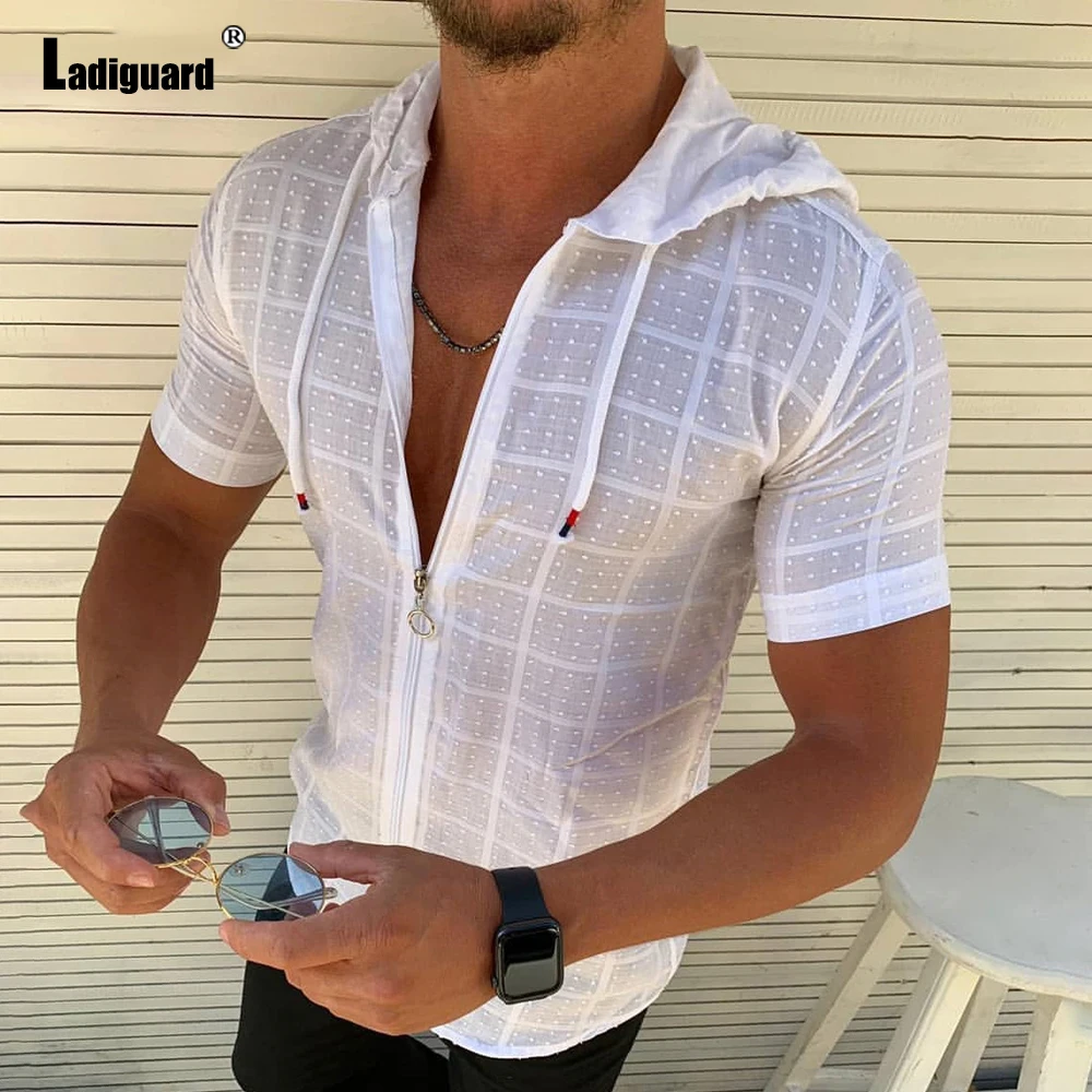 Ladiguard Trend 2020 Hoodie Shirt Patchwork Zipper Men Summer Casual Plaid Top Solid White Blouse Mens Open Stitch Thin Clothes - Image 3