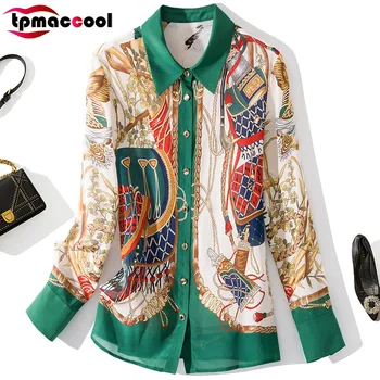 

Tpmaccool luxury designer high end 2020 Early Spring Womens New 100% Silk Lapel Printing Retro Fashion Shirt tops and blouses
