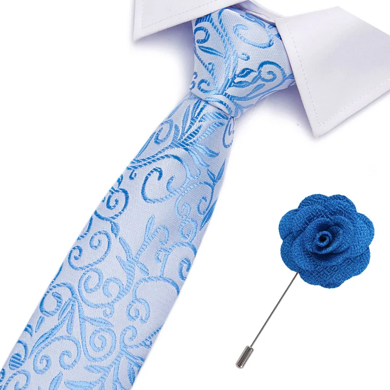 

New Male Fashion 100% Silk Men's Blue PrintTies 7.5cm Ties for Men Formal Business Luxury Wedding Party Neckties with brooch