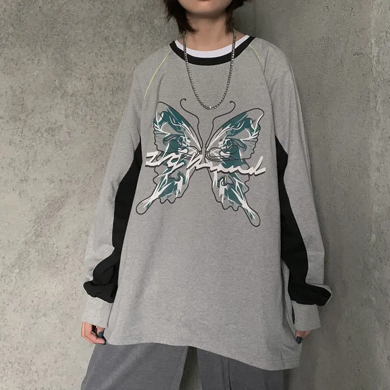 Уличная Harajuku негабаритная Бабочка печать унисекс пара Лоскутная Толстовка