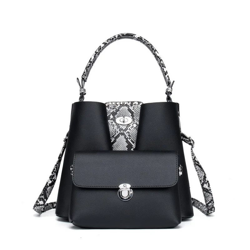 FUNMARDI 2 шт. композитные сумки набор змеиная Лоскутная дизайнерская сумка на плечо сумка-мессенджер с замком женские Сумки из искусственной кожи WLHB2030 - Цвет: Черный