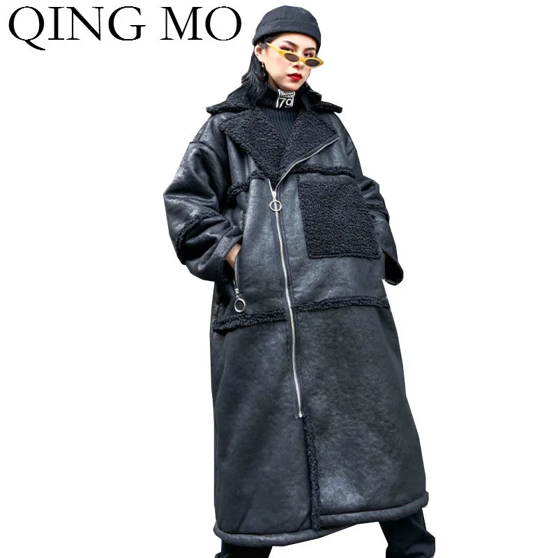 QING MO, Черное Женское пальто из искусственной кожи,, женский зимний толстый теплый плащ, женская уличная одежда, Свободное пальто, негабаритное, ZQY2322