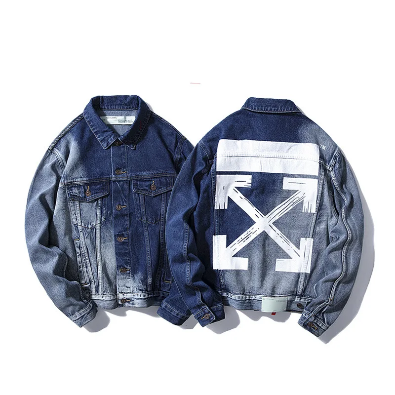 

High quality correct version off white OW basic arrow graffiti paint yin yang gradient wash old denim jacket men